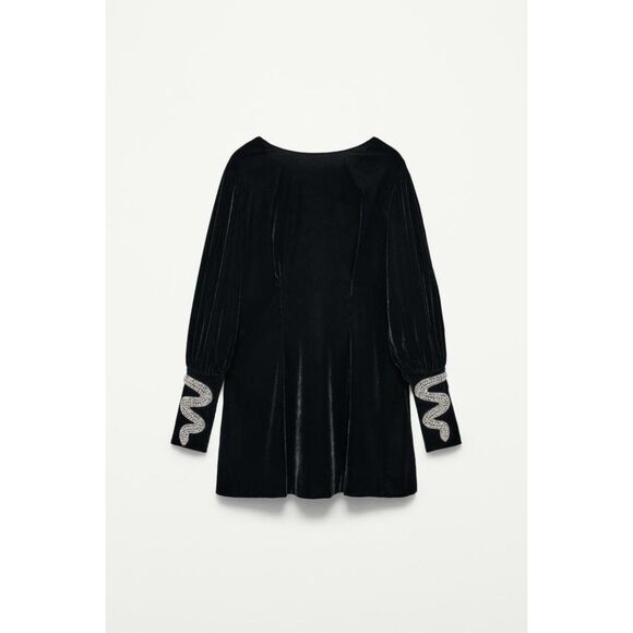 Zara Velvet Mini Dress S Black Open Back Embroidered - Picture 3 of 8
